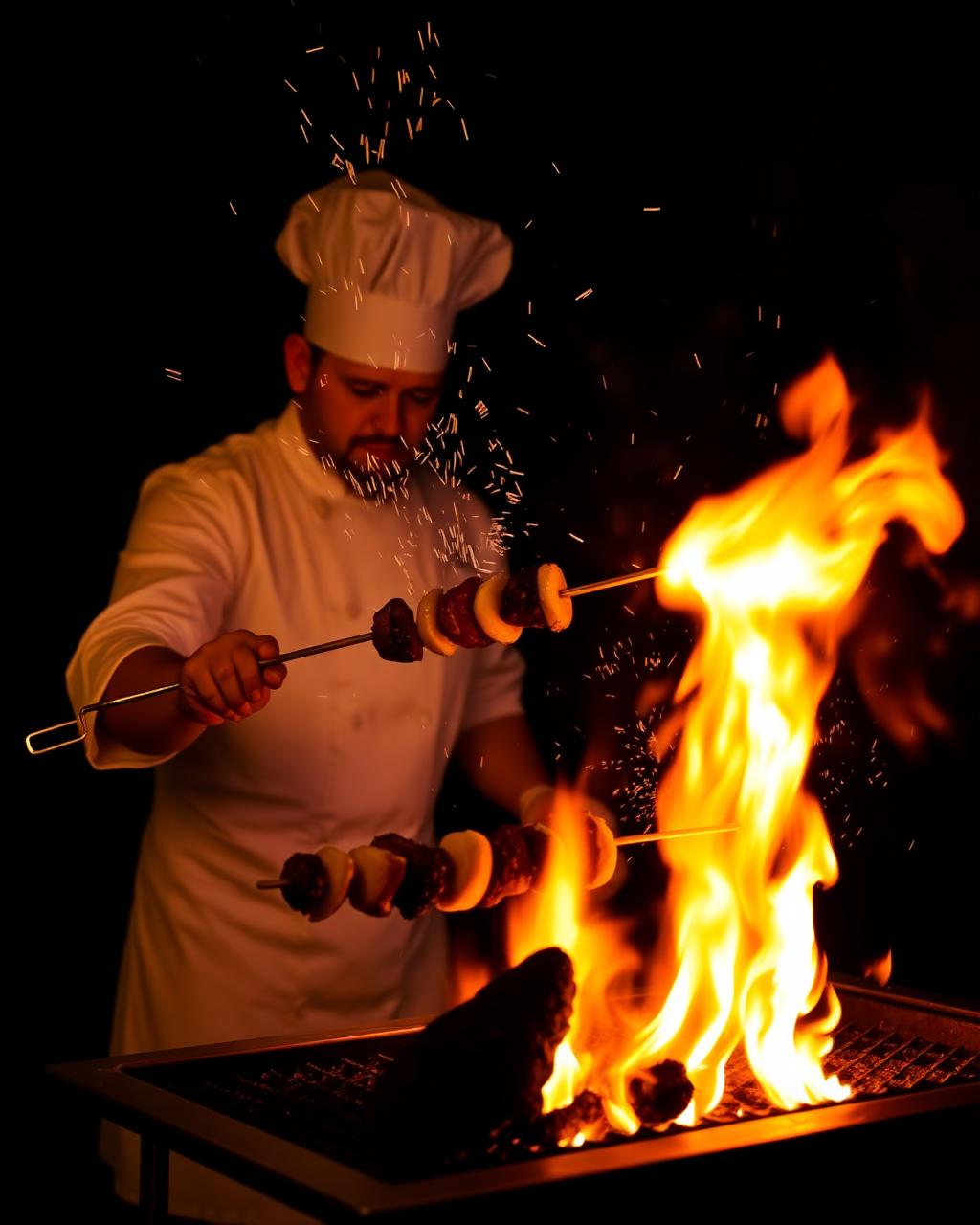 Chef grilling kebabs